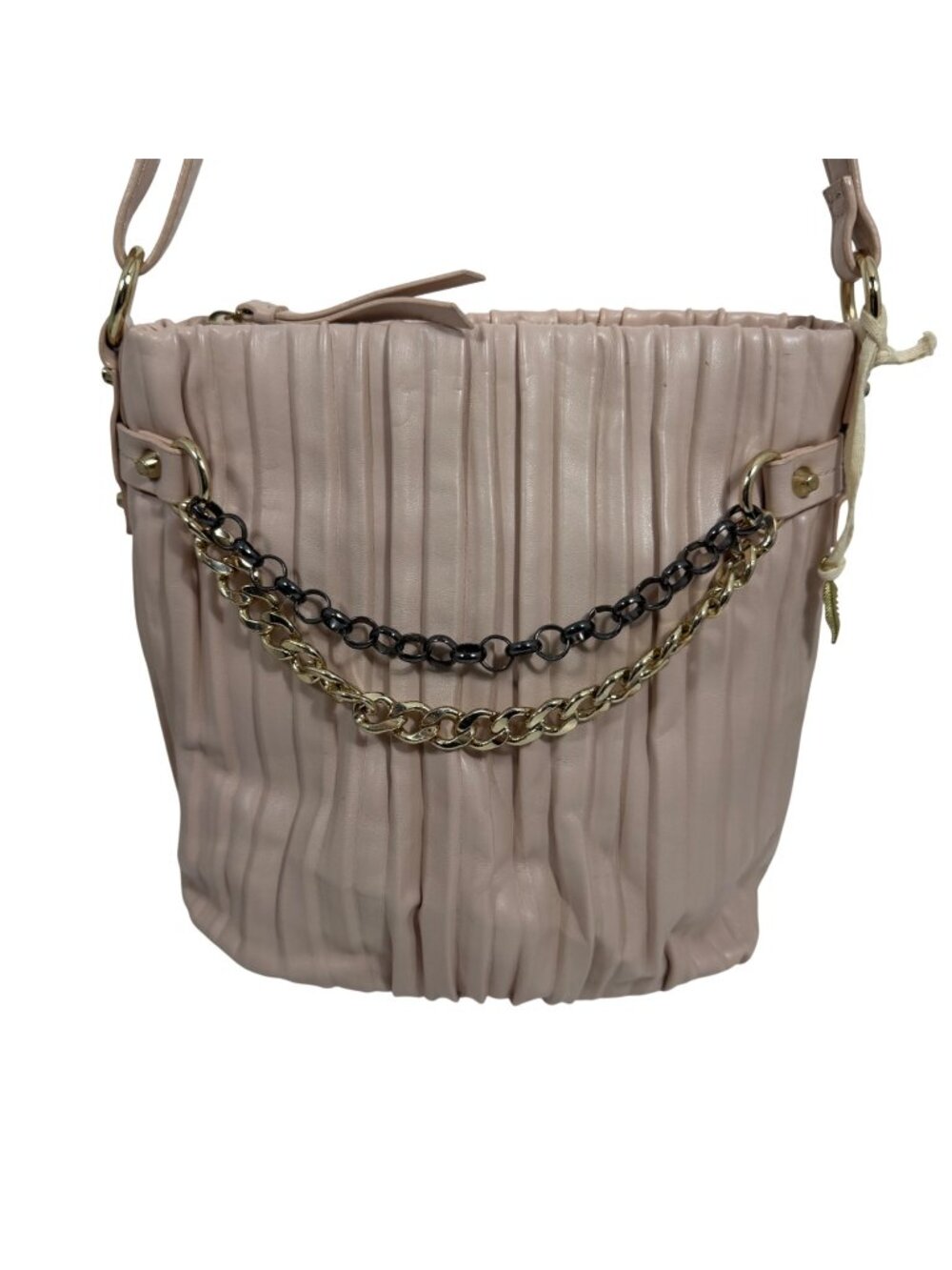 Jessica Simpson Plisse Bucket Crossbody Bag Blush Pink Chain Detailing